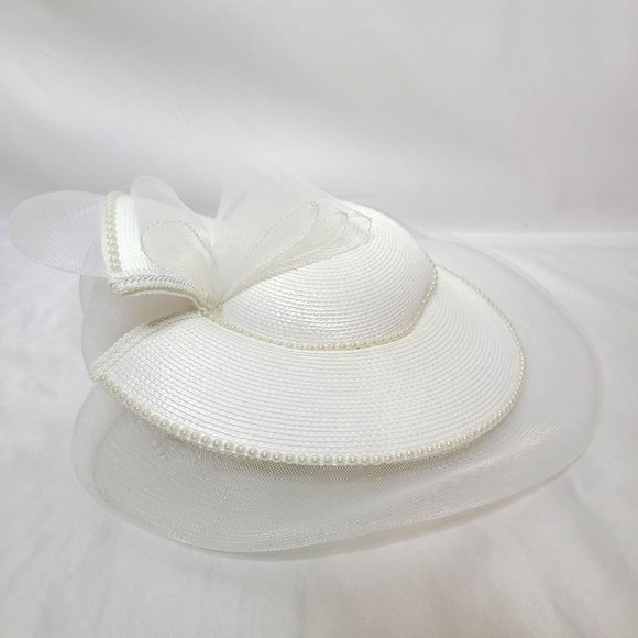 Accessories - White Large Bow Tulle Wide Brim Hat